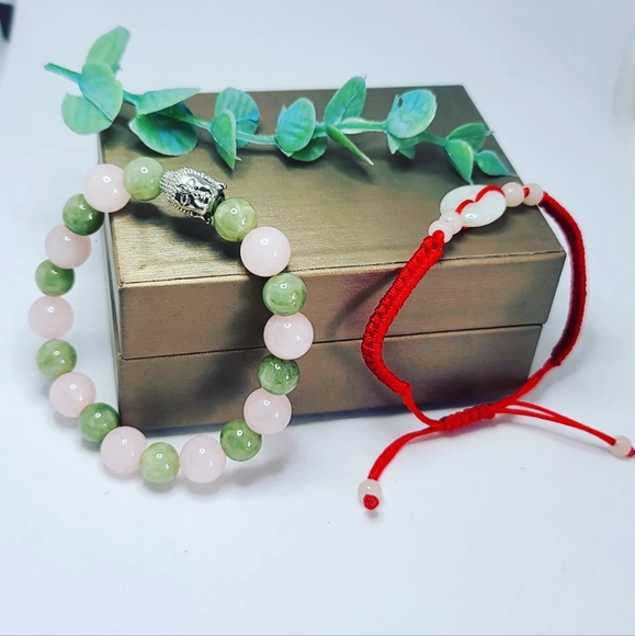 Set 2 bracelets, Jade and Rose Quartz Buddha - Picture 2 of 4